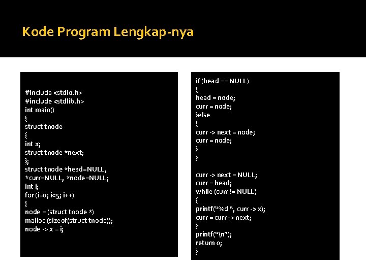 Kode Program Lengkap-nya #include <stdio. h> #include <stdlib. h> int main() { struct tnode