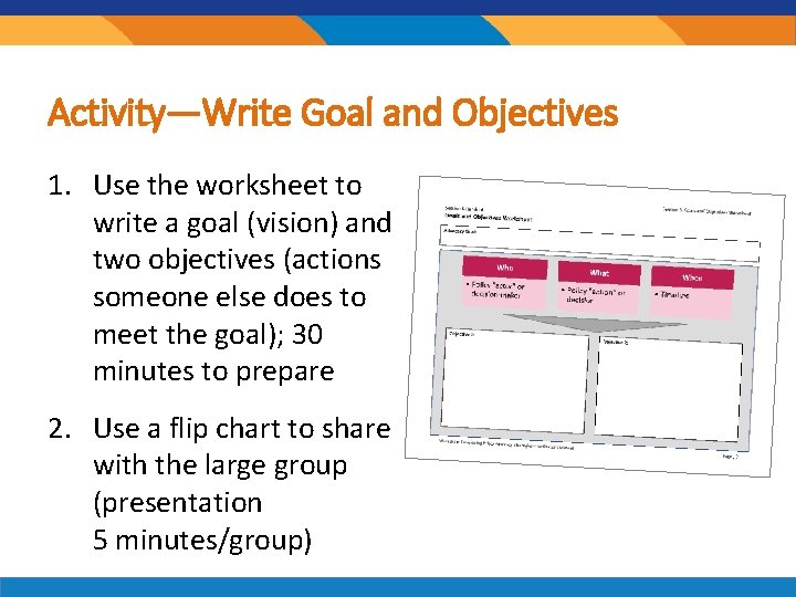 Activity—Write Goal and Objectives 1. Use the worksheet to write a goal (vision) and