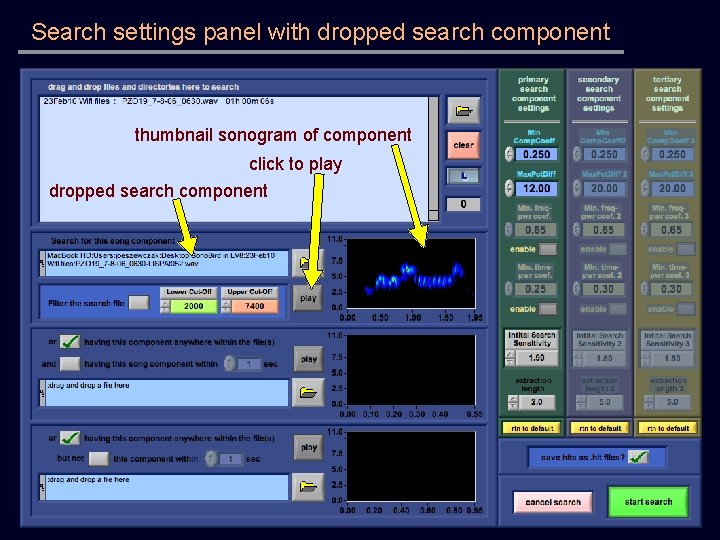 Search settings panel with dropped search component thumbnail sonogram of component click to play