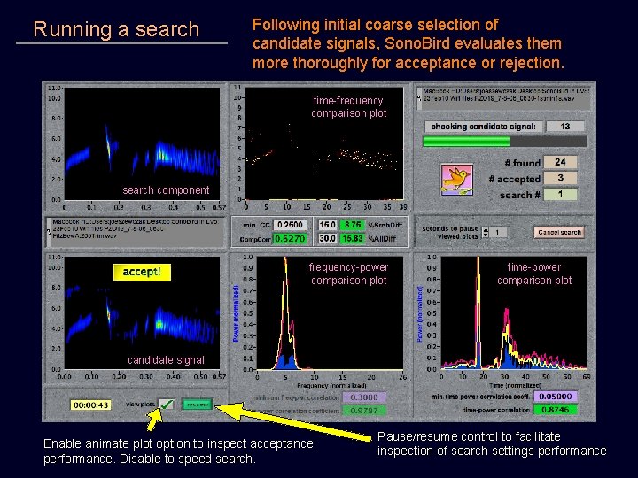 Running a search Following initial coarse selection of candidate signals, Sono. Bird evaluates them