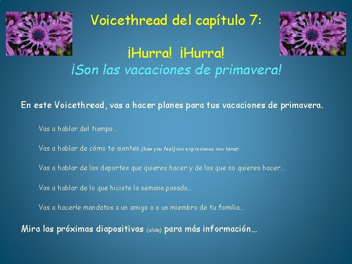 Voicethread del capítulo 7: ¡Hurra! ¡Son las vacaciones de primavera! En este Voicethread, vas