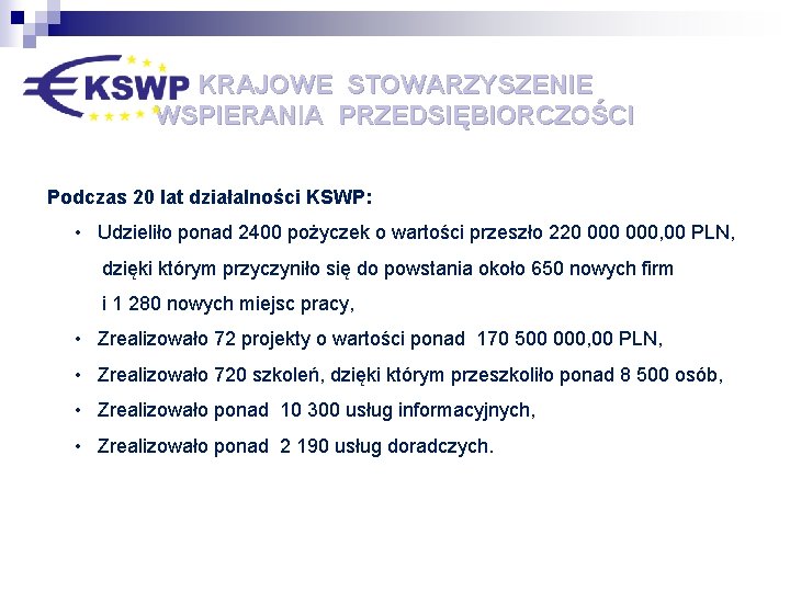 KRAJOWE STOWARZYSZENIE WSPIERANIA PRZEDSIĘBIORCZOŚCI Podczas 20 lat działalności KSWP: • Udzieliło ponad 2400 pożyczek