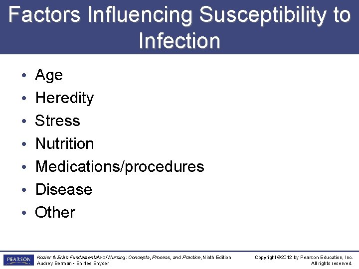 Factors Influencing Susceptibility to Infection • • Age Heredity Stress Nutrition Medications/procedures Disease Other