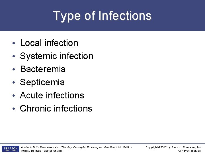 Type of Infections • • • Local infection Systemic infection Bacteremia Septicemia Acute infections