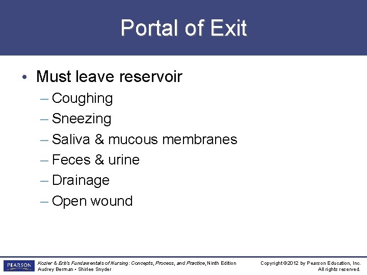 Portal of Exit • Must leave reservoir – Coughing – Sneezing – Saliva &