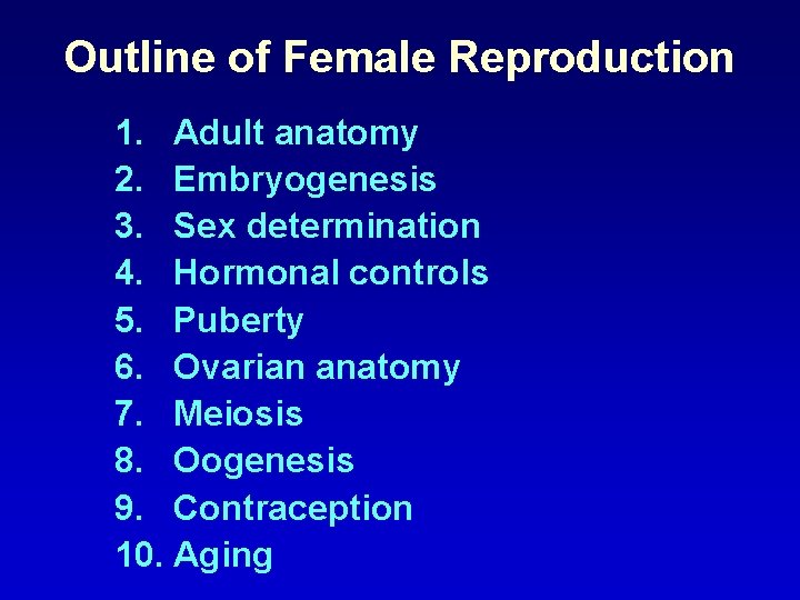Outline of Female Reproduction 1. Adult anatomy 2. Embryogenesis 3. Sex determination 4. Hormonal