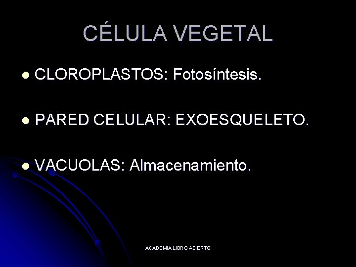CÉLULA VEGETAL l CLOROPLASTOS: Fotosíntesis. l PARED CELULAR: EXOESQUELETO. l VACUOLAS: Almacenamiento. ACADEMIA LIBRO