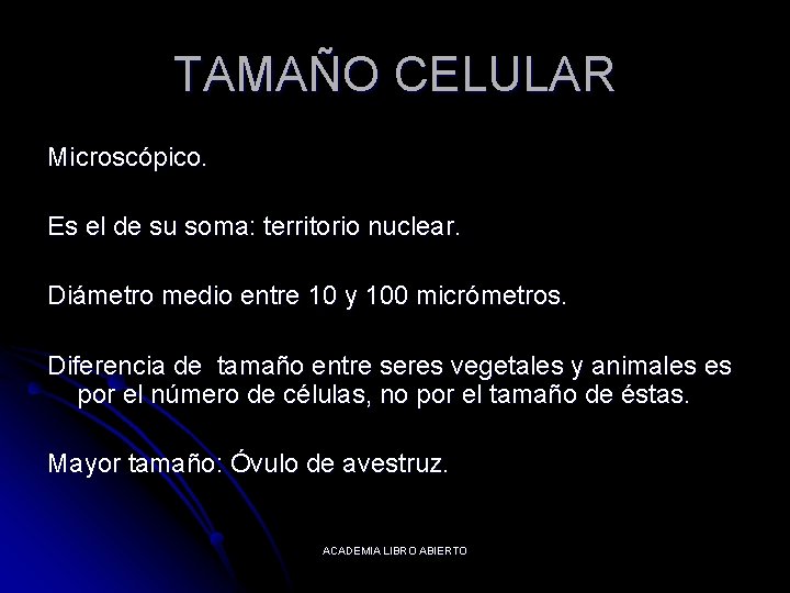 TAMAÑO CELULAR Microscópico. Es el de su soma: territorio nuclear. Diámetro medio entre 10