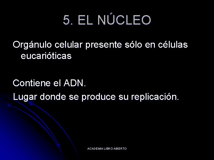 5. EL NÚCLEO Orgánulo celular presente sólo en células eucarióticas Contiene el ADN. Lugar