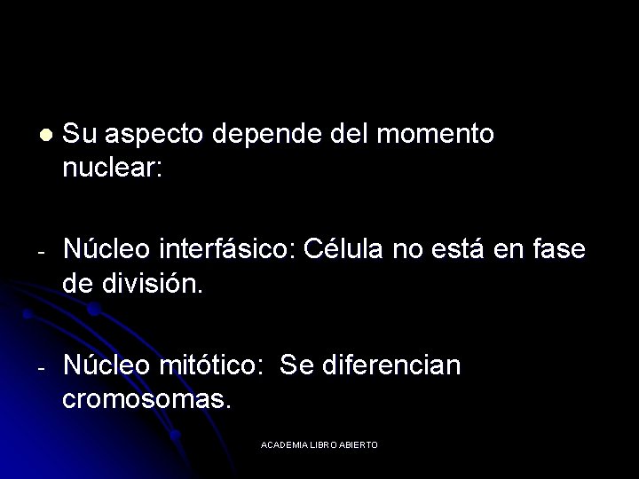 l Su aspecto depende del momento nuclear: - Núcleo interfásico: Célula no está en