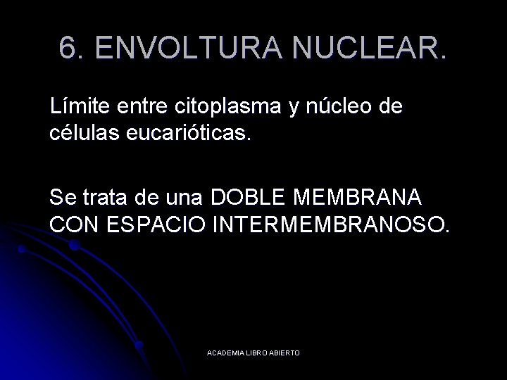 6. ENVOLTURA NUCLEAR. Límite entre citoplasma y núcleo de células eucarióticas. Se trata de