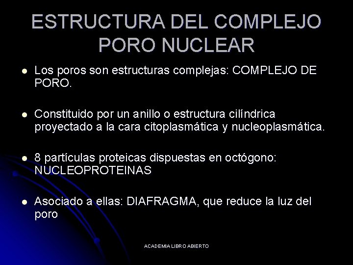 ESTRUCTURA DEL COMPLEJO PORO NUCLEAR l Los poros son estructuras complejas: COMPLEJO DE PORO.