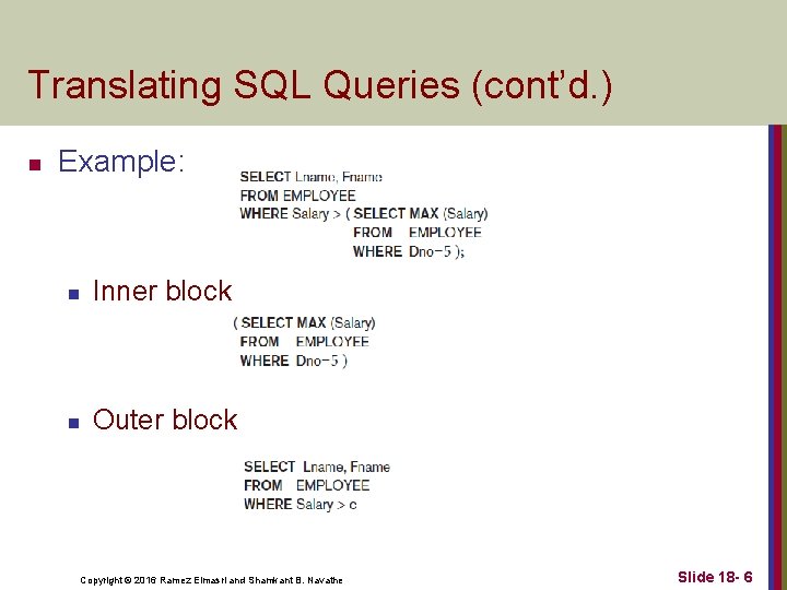 Translating SQL Queries (cont’d. ) n Example: n Inner block n Outer block Copyright