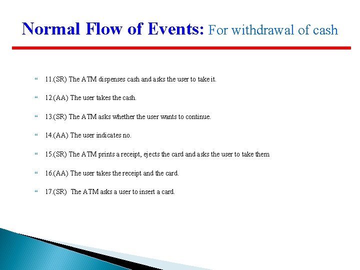 Normal Flow of Events: For withdrawal of cash 11. (SR) The ATM dispenses cash Normal Flow of Events: For withdrawal of cash 11. (SR) The ATM dispenses cash