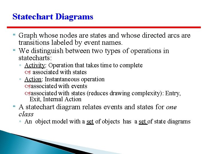 Statechart Diagrams Graph whose nodes are states and whose directed arcs are transitions labeled Statechart Diagrams Graph whose nodes are states and whose directed arcs are transitions labeled