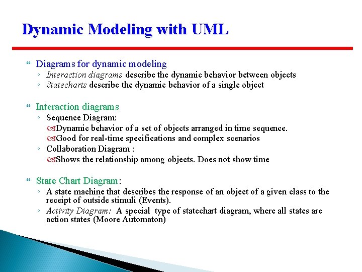 Dynamic Modeling with UML Diagrams for dynamic modeling Interaction diagrams State Chart Diagram: ◦ Dynamic Modeling with UML Diagrams for dynamic modeling Interaction diagrams State Chart Diagram: ◦