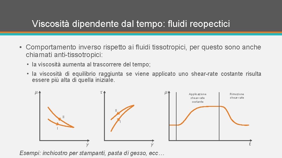 Viscosità dipendente dal tempo: fluidi reopectici • Comportamento inverso rispetto ai fluidi tissotropici, per