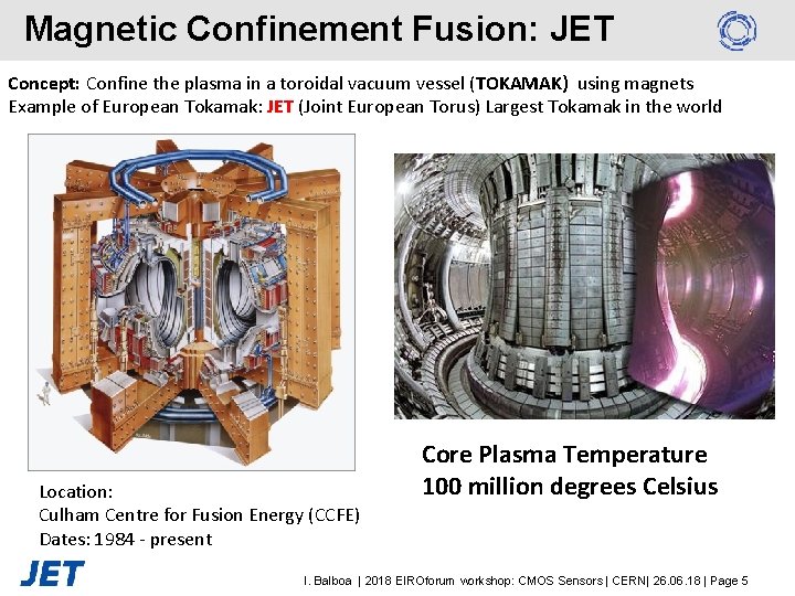 Magnetic Confinement Fusion: JET Concept: Confine the plasma in a toroidal vacuum vessel (TOKAMAK)