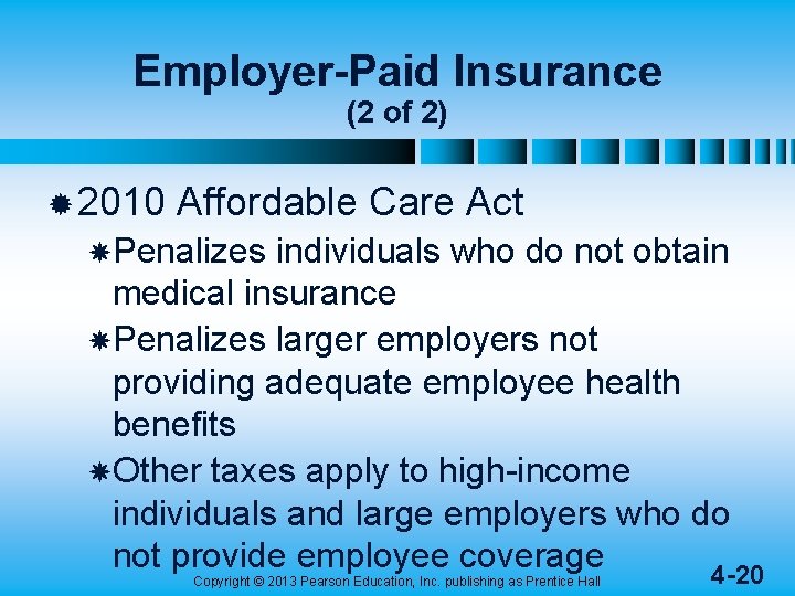 Employer-Paid Insurance (2 of 2) ® 2010 Affordable Care Act Penalizes individuals who do