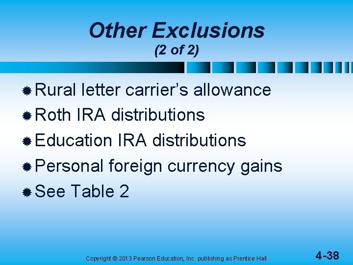 Other Exclusions (2 of 2) ® Rural letter carrier’s allowance ® Roth IRA distributions