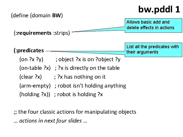 bw. pddl 1 (define (domain BW) (: requirements : strips) (: predicates (on ?