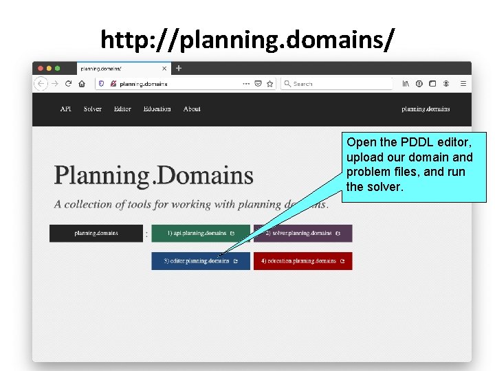 http: //planning. domains/ Open the PDDL editor, upload our domain and problem files, and