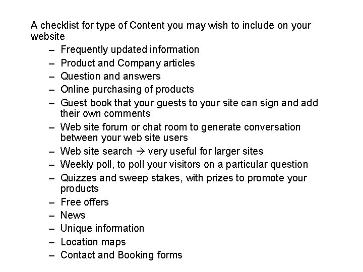 A checklist for type of Content you may wish to include on your website