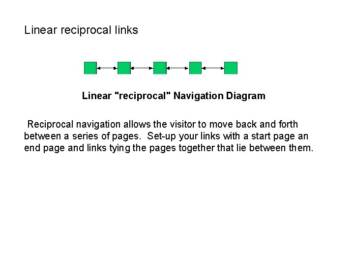 Linear reciprocal links Linear "reciprocal" Navigation Diagram Reciprocal navigation allows the visitor to move