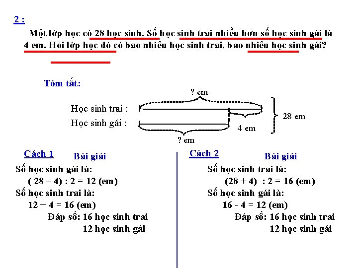 2: Một lớp học có 28 học sinh. Số học sinh trai nhiều hơn