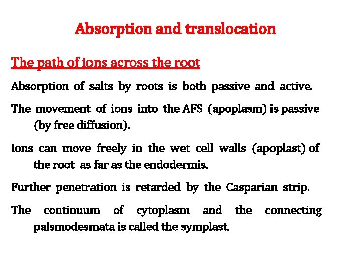 Absorption and translocation The path of ions across the root Absorption of salts by