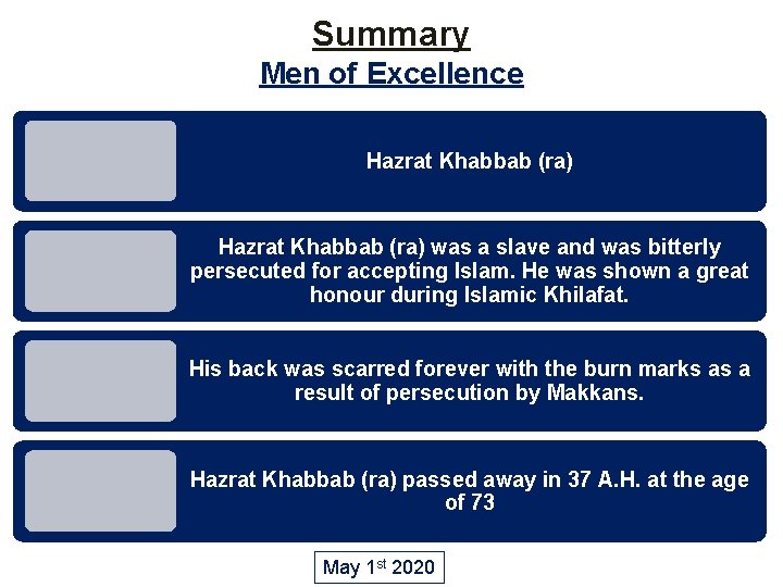 Summary Men of Excellence Hazrat Khabbab (ra) was a slave and was bitterly persecuted