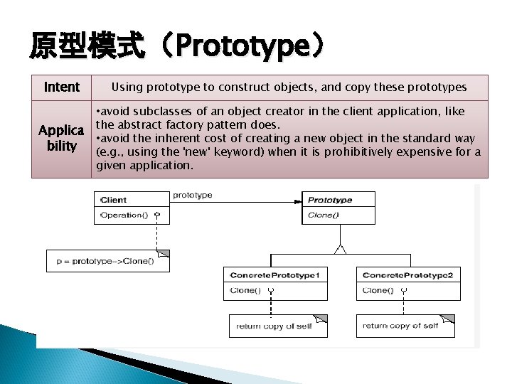 原型模式（Prototype） Intent Using prototype to construct objects, and copy these prototypes • avoid subclasses