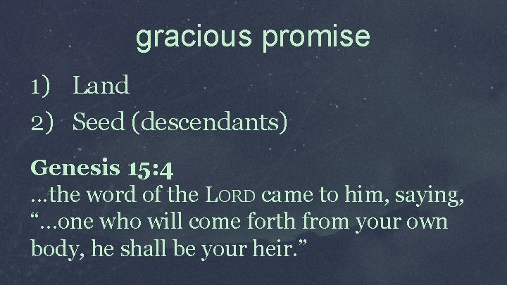 gracious promise 1) Land 2) Seed (descendants) Genesis 15: 4. . . the word