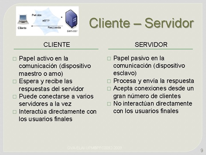 Cliente – Servidor CLIENTE � � Papel activo en la comunicación (dispositivo maestro o