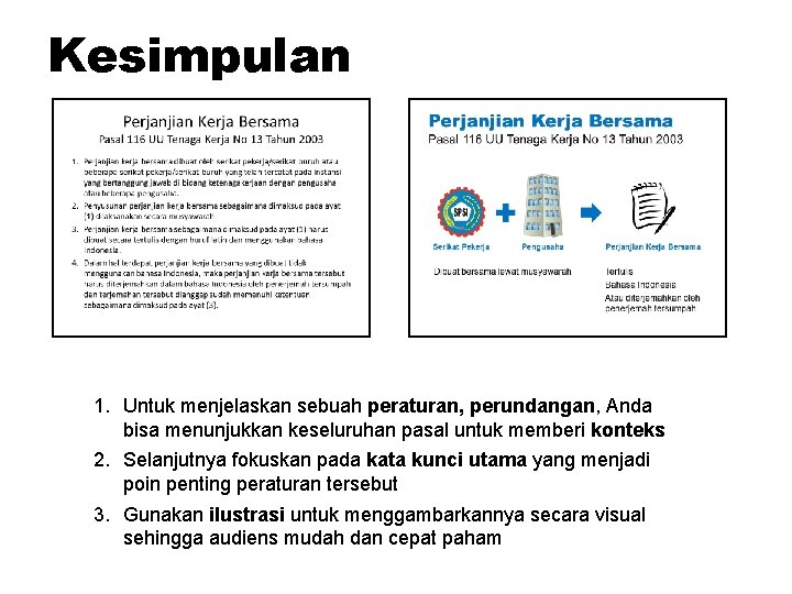 Kesimpulan 1. Untuk menjelaskan sebuah peraturan, perundangan, Anda bisa menunjukkan keseluruhan pasal untuk memberi