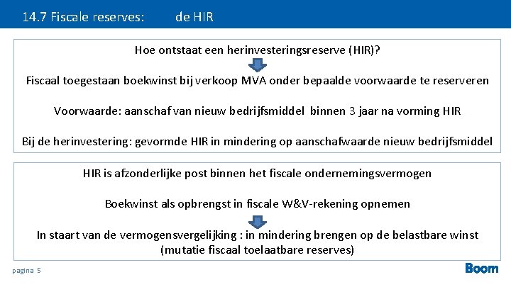 14. 7 Fiscale reserves: de HIR Hoe ontstaat een herinvesteringsreserve (HIR)? Fiscaal toegestaan boekwinst