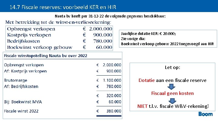 14. 7 Fiscale reserves: voorbeeld KER en HIR Nauta bv heeft per 31 -12