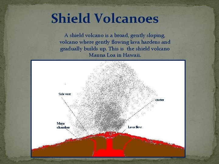Shield Volcanoes A shield volcano is a broad, gently sloping, volcano where gently flowing