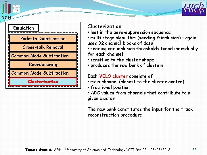 Emulation Pedestal Subtraction Cross-talk Removal Common Mode Subtraction Reorderering Common Mode Subtraction Clusterization •