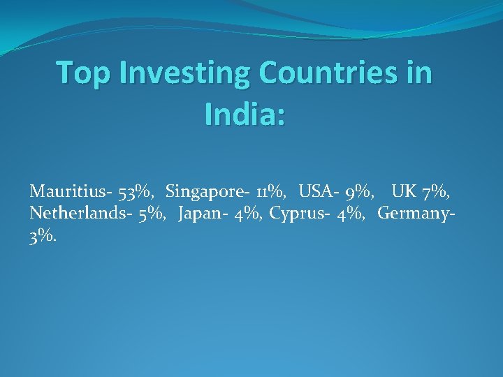 Top Investing Countries in India: Mauritius- 53%, Singapore- 11%, USA- 9%, UK 7%, Netherlands-