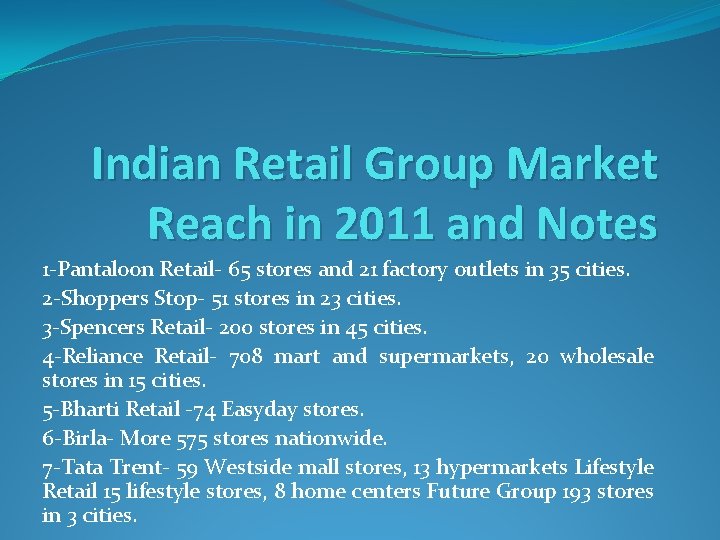 Indian Retail Group Market Reach in 2011 and Notes 1 -Pantaloon Retail- 65 stores