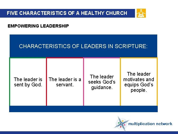 FIVE CHARACTERISTICS OF A HEALTHY CHURCH EMPOWERING LEADERSHIP CHARACTERISTICS OF LEADERS IN SCRIPTURE: The