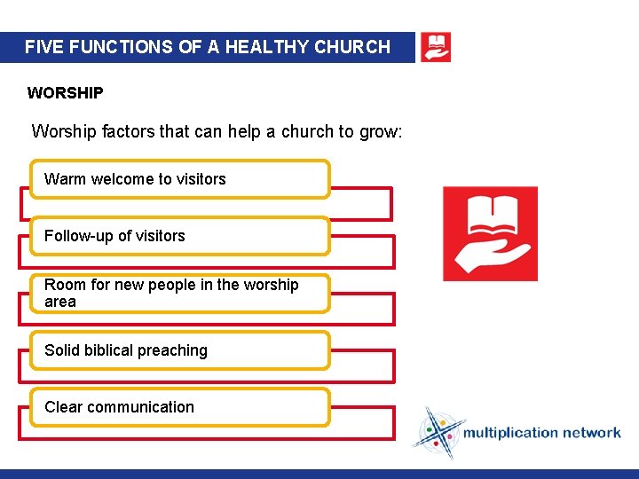 FIVE FUNCTIONS OF A HEALTHY CHURCH WORSHIP Worship factors that can help a church
