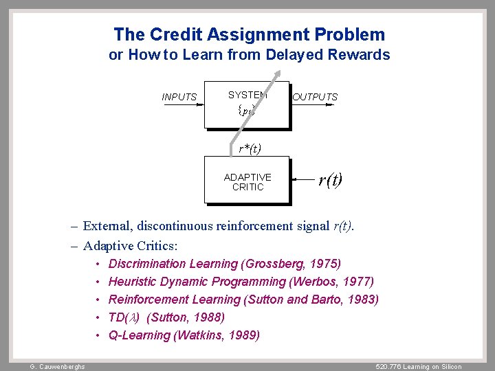 The Credit Assignment Problem or How to Learn from Delayed Rewards INPUTS SYSTEM {p