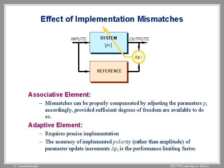 Effect of Implementation Mismatches INPUTS SYSTEM {p i} OUTPUTS e(p ) REFERENCE Associative Element: