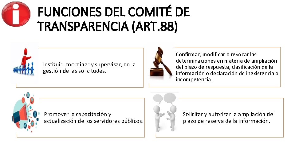 FUNCIONES DEL COMITÉ DE TRANSPARENCIA (ART. 88) Instituir, coordinar y supervisar, en la gestión