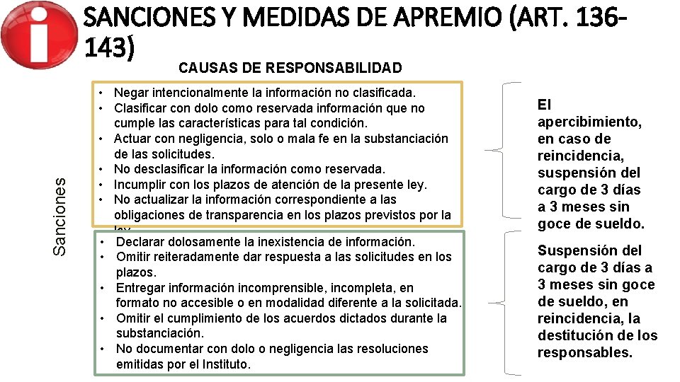SANCIONES Y MEDIDAS DE APREMIO (ART. 136143) Sanciones CAUSAS DE RESPONSABILIDAD • Negar intencionalmente