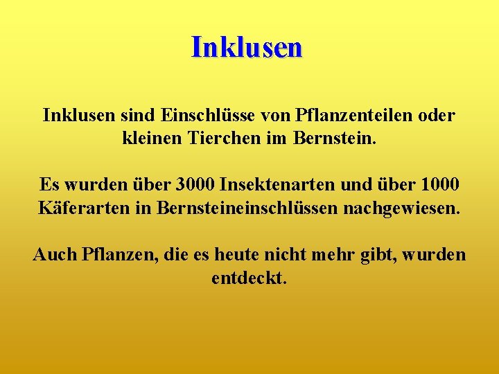 Inklusen sind Einschlüsse von Pflanzenteilen oder kleinen Tierchen im Bernstein. Es wurden über 3000