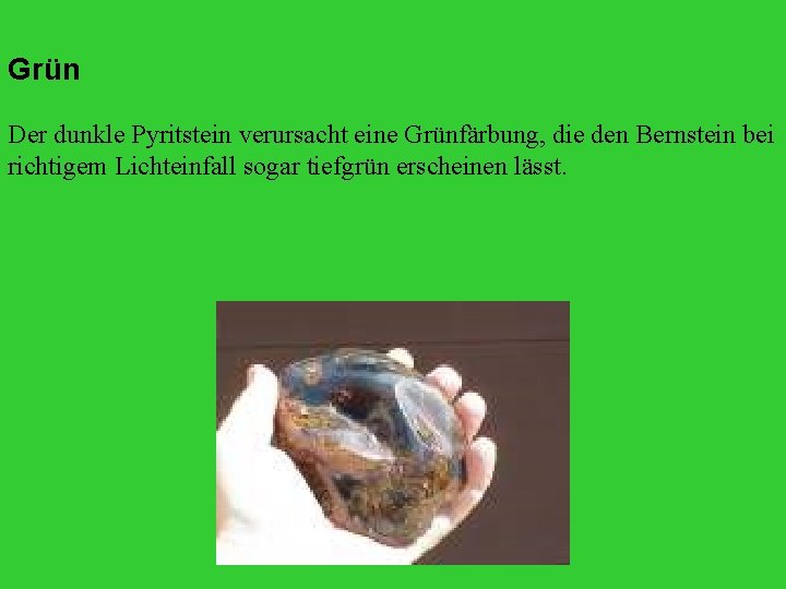 Grün Der dunkle Pyritstein verursacht eine Grünfärbung, die den Bernstein bei richtigem Lichteinfall sogar