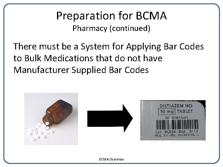 Preparation for BCMA Pharmacy (continued) There must be a System for Applying Bar Codes